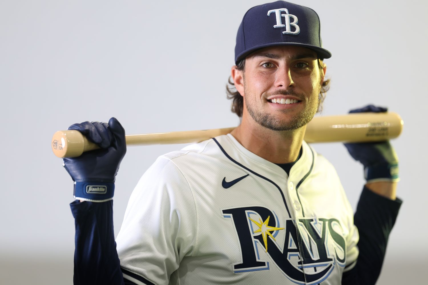 Feb 18, 2024; Port Charlotte, FL, USA; Tampa Bay Rays right fielder Josh Lowe (15) poses for a photo during media day at the Charlotte Sports Complex.